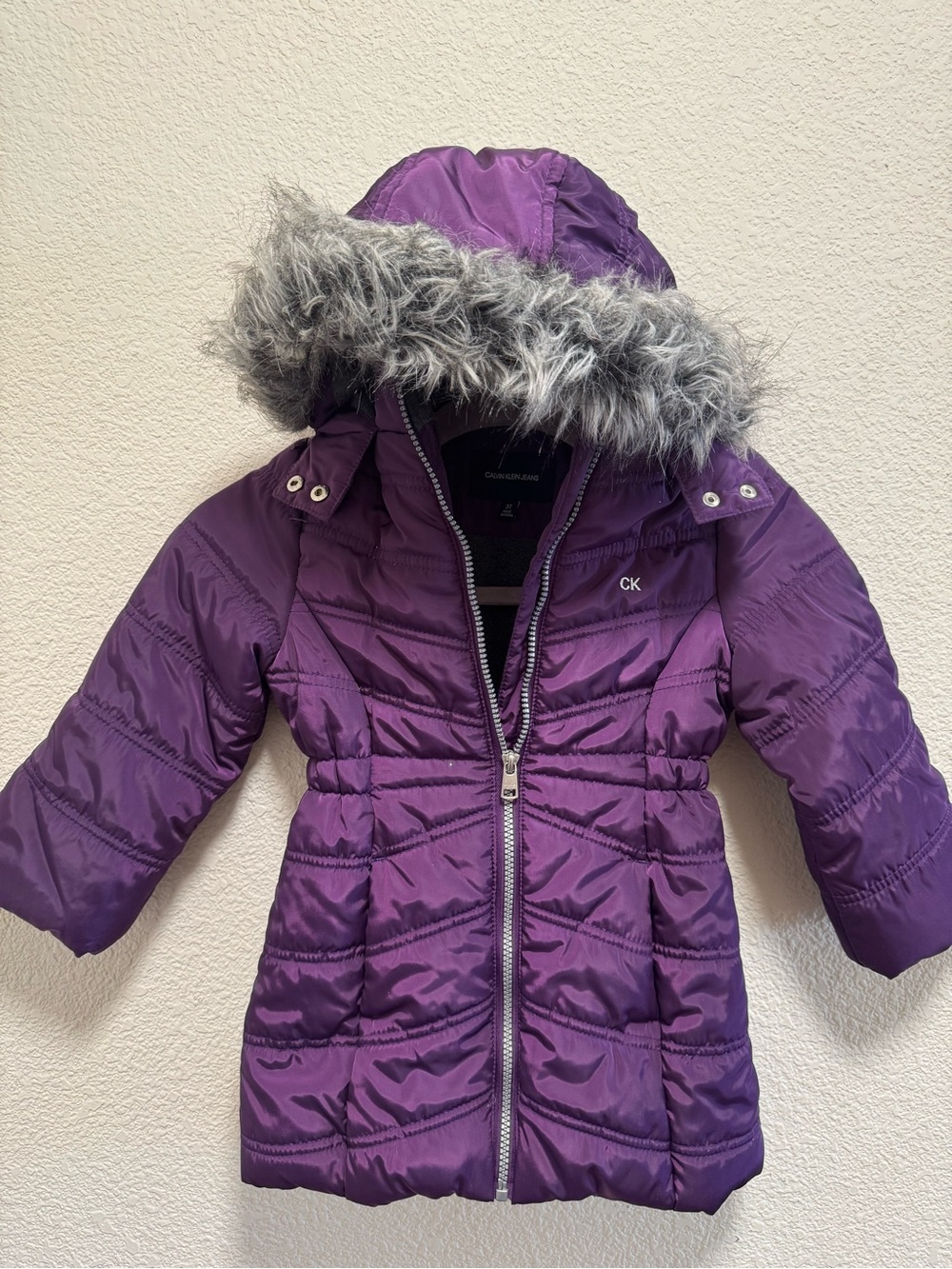 Calvin Klein Girls' Purple Hooded Puffer Jacket with Faux Fur Trim